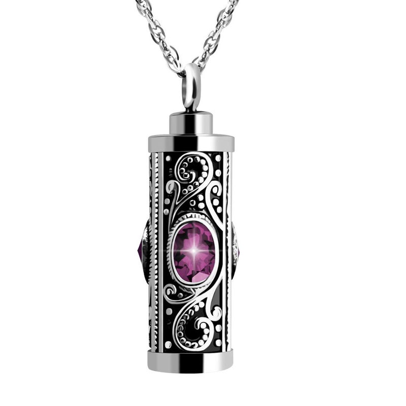 XIUDA Crystal Cremation Urn Necklace for Ashes Keepsake Stainless Steel Memorial Pendant with Flower (Purple) - Image 1